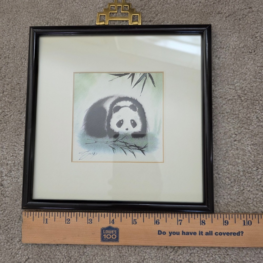 Vintage Set of 3 Framed Panda Prints Chinoiserie Brass Pagoda Hanger 8x8 zoocore - Picture 3 of 16
